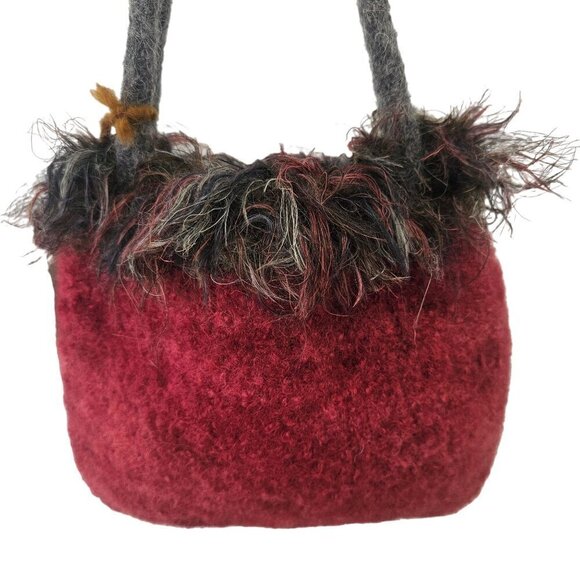 Handmade Felted Wool Shoulder Bag Small Fringed Tote Wine Gray NWT - Picture 5 of 11